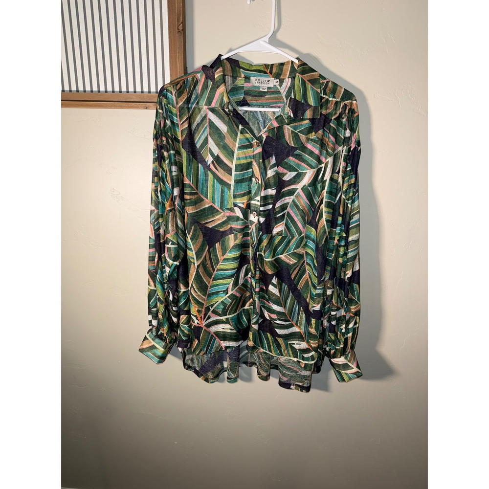 Molly Bracken Womens Tropical Palm Leaf Button Down Blouse Green Black M‎